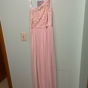 Elegant One-Shoulder Pink Lace Gown